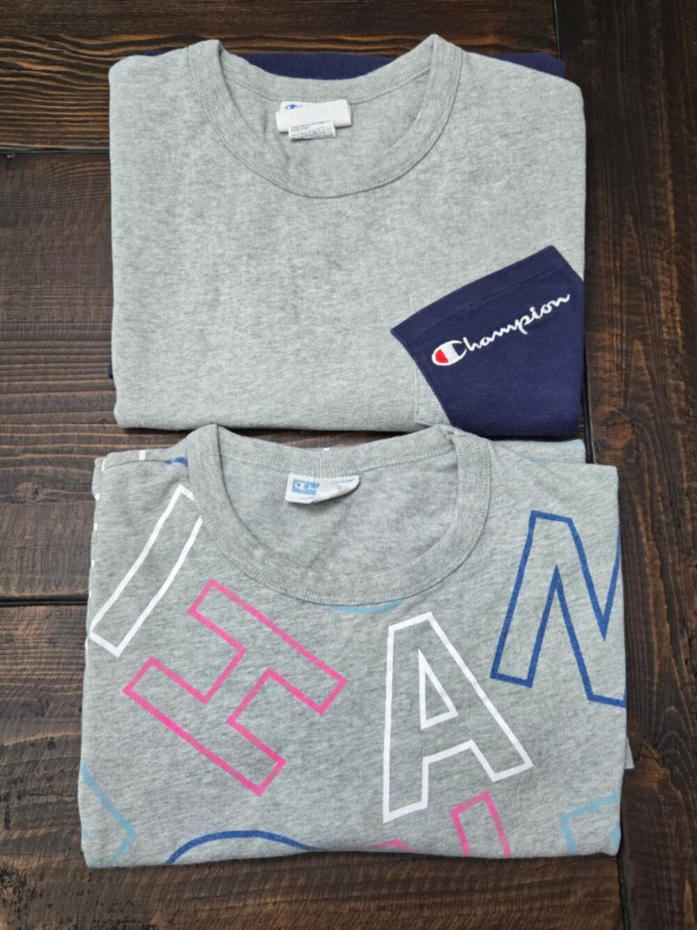 Lot of 2 Champion T Shirts Mens Large Reverse Weave Grey Graphic Pocket Tee Read